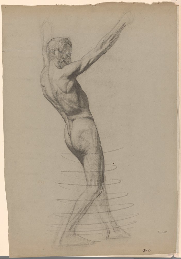 Standing Male Nude With Raised Arms Facing Right