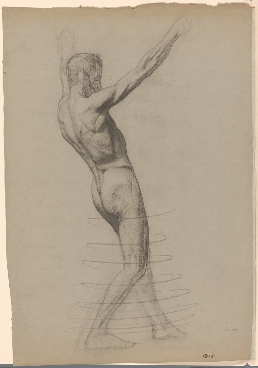 Standing Male Nude With Raised Arms Facing Right