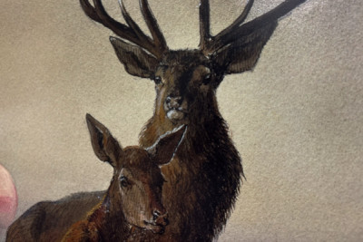 A Stag with a Deer in a Wooded Landscape at Sunset