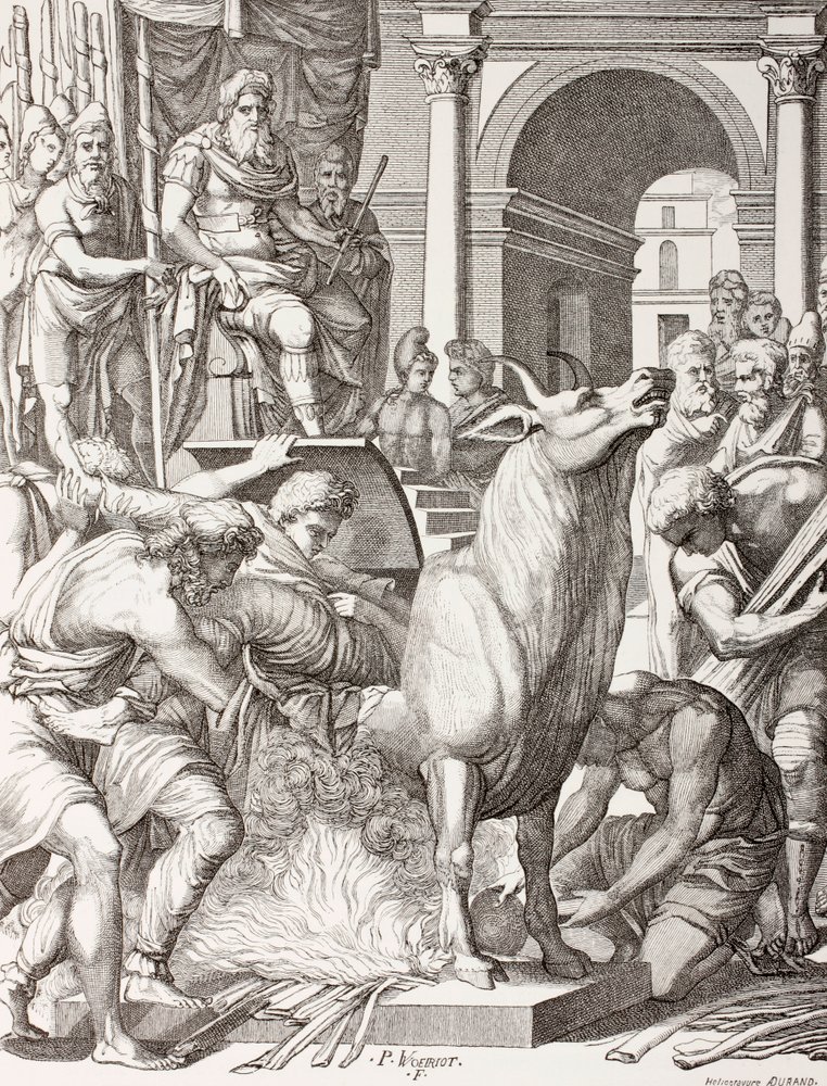 Phalaris condemning the sculptor Perillus to die in the bronze bull, to ...