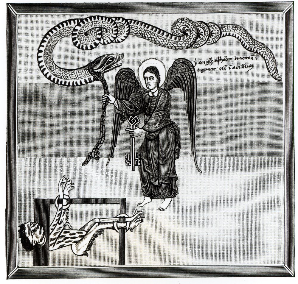 The Angel, holding the Keys of Hell, enchains the Devil, in the shape ...