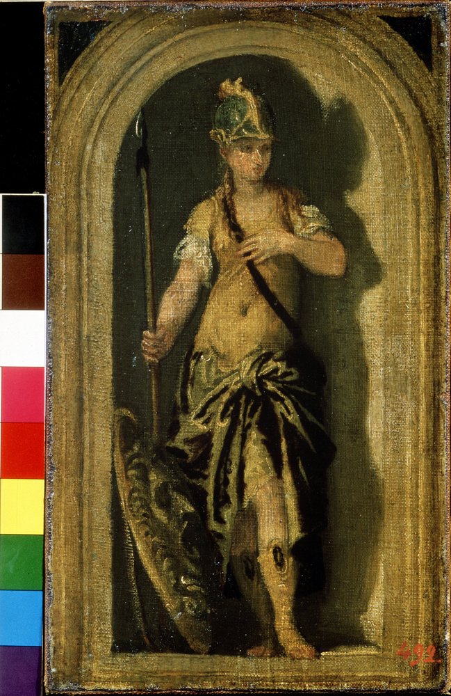 Minerva. Near her, her shield with the head of the Gorgon Medusa ...