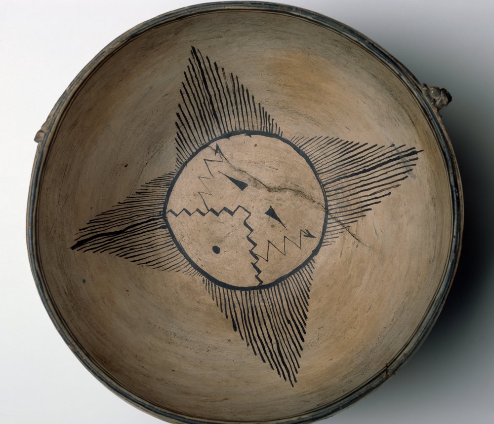 Cochiti Pueblo ritual bowl with sun, birds, clouds, lightning and rain ...