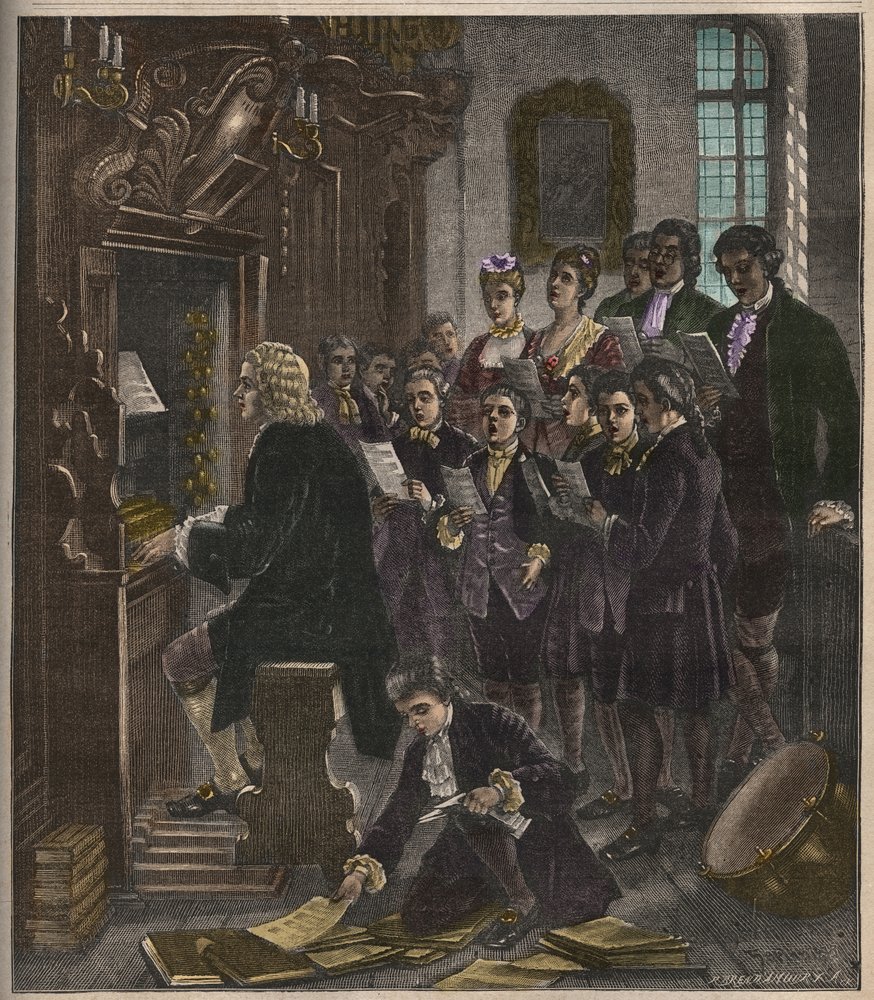 Johann Sebastian Bach playing the organ at the St Thomas School, Leipzig, illustration from La musique populaire, 1882 by French School