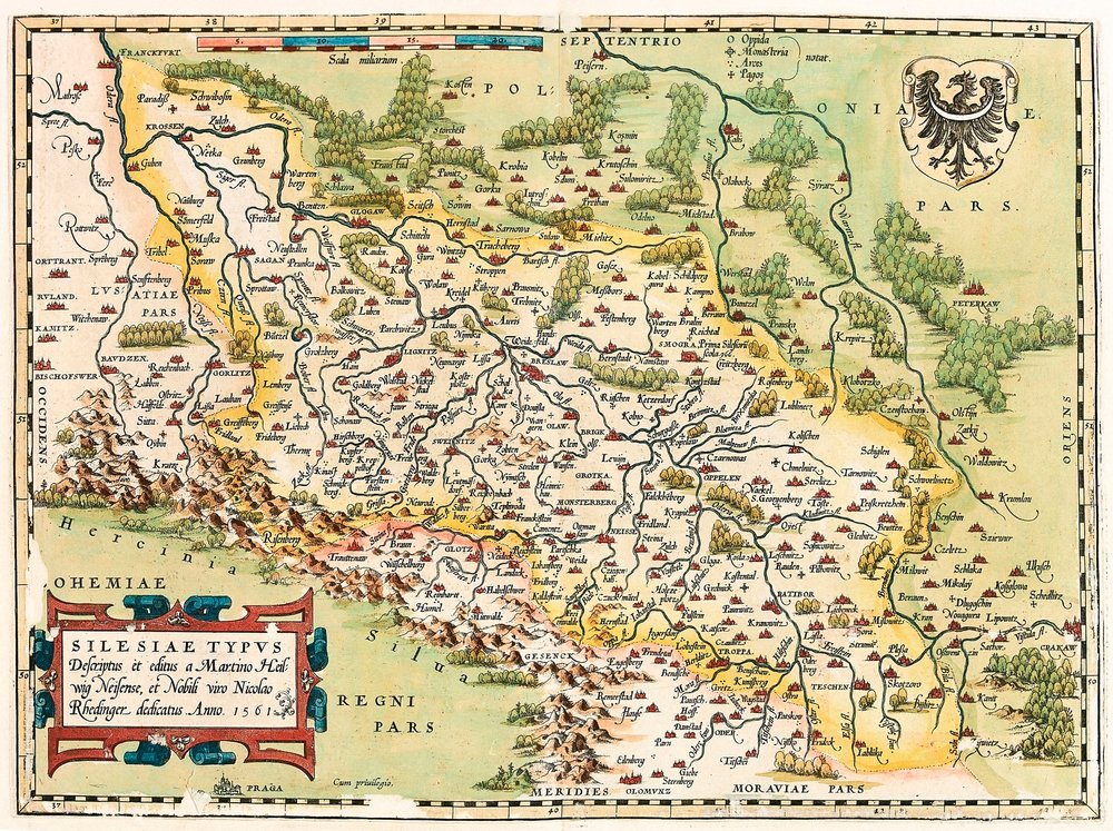 Silesia Typus Descriptio and Descriptus et Editus Martino Heilwid Neilsense, and Nobili Viro Nicolao Rhedinger Dedicatus Anno 1561 Geography Map of the Territory South of Frankfurt in Germany near Poland from 