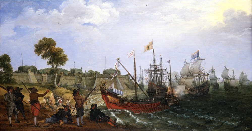 A Dutch war squadron attacking a Spanish colonial fortress, defended by ...