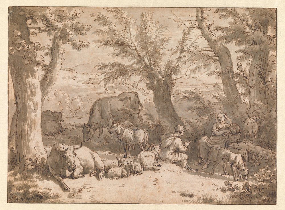 Landscape with shepherd, shepherdess and livestock by Adriaen van de Velde