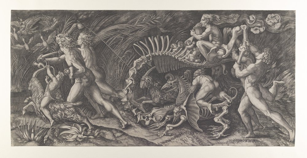 Lo Stregozzo: a female witch riding on an animal skeleton, preceded by ...