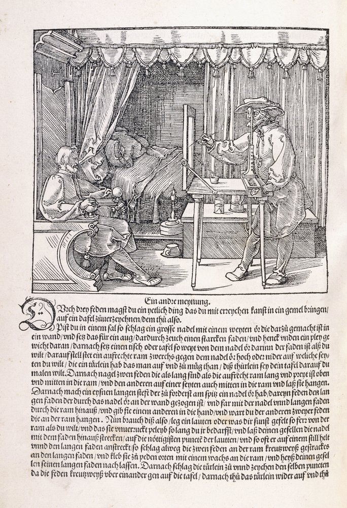 A draughtsman drawing a portrait, using a drawing frame by Albrecht Dürer
