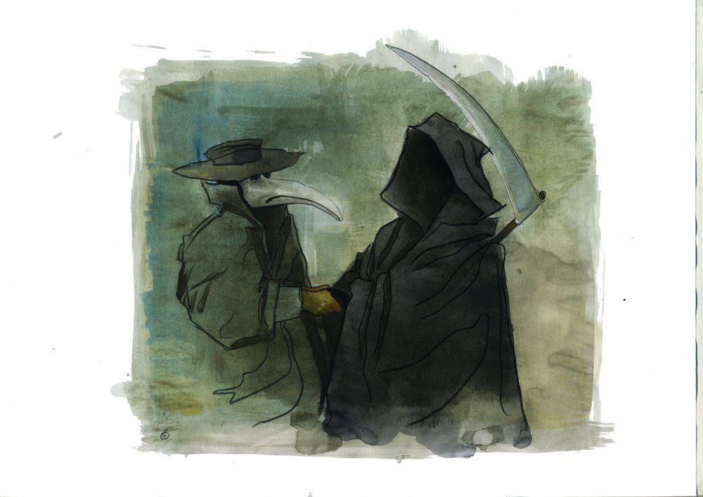 A plague doctor wearing a beak-like mask in front of Death holding her ...