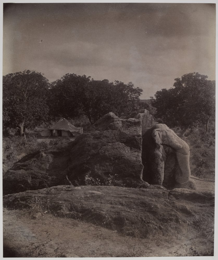 Sculptured elephant on top of rock with Asoka inscriptions, Dhauli ...