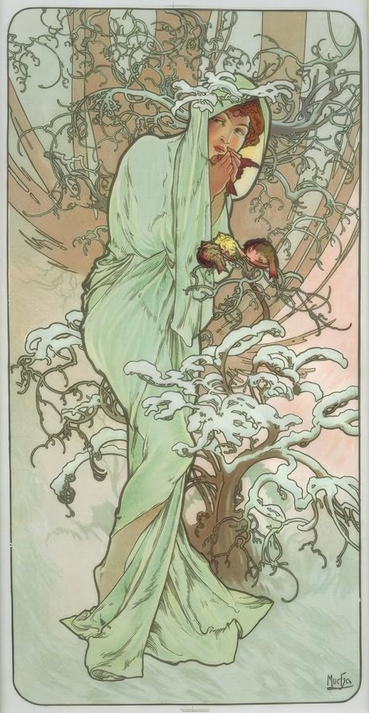 Tapisserie Murale Française Alphonse Mucha 'Hiver' - 45 X 100 Cm - Coton/polyester - Style Art Déco - Neuf
