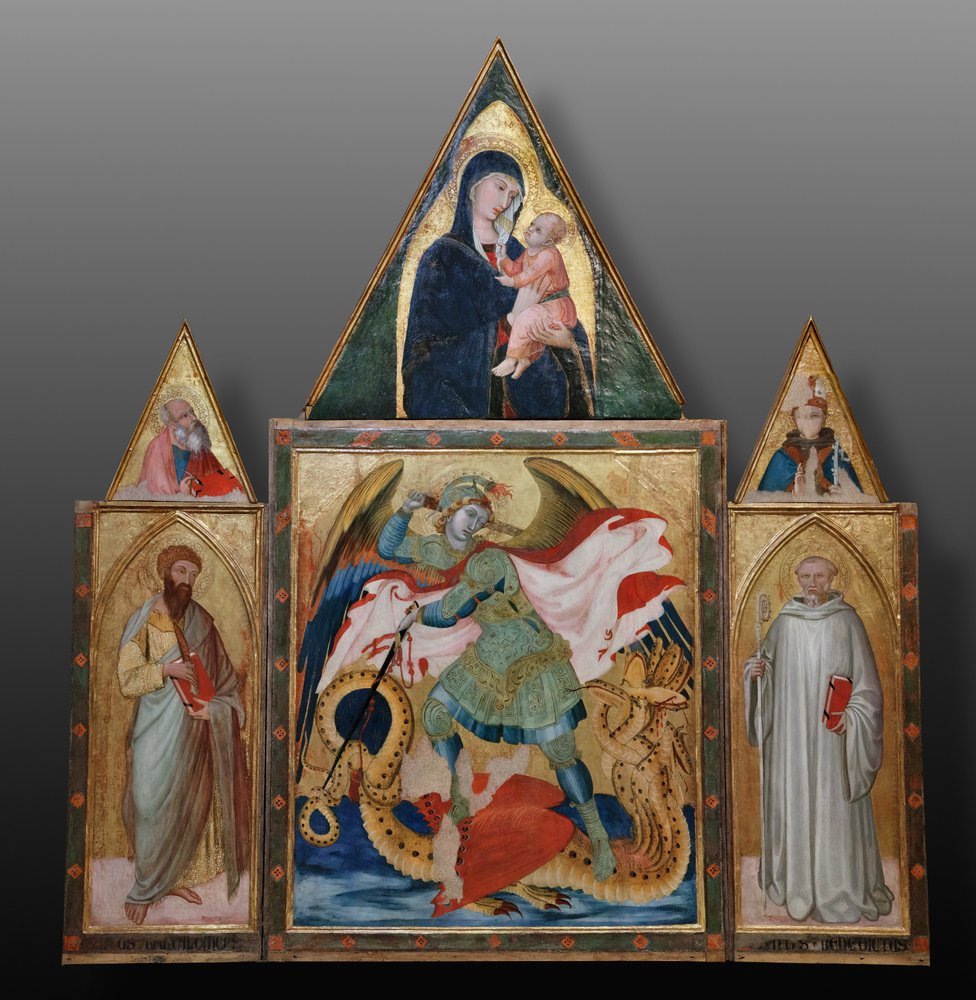 Saint Michael the Archangel slaying the dragon between Saints Benedict ...