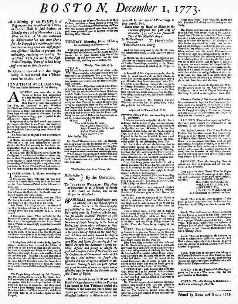 A Broadside Newspaper Detailing the Events of the Boston Tea Party ...