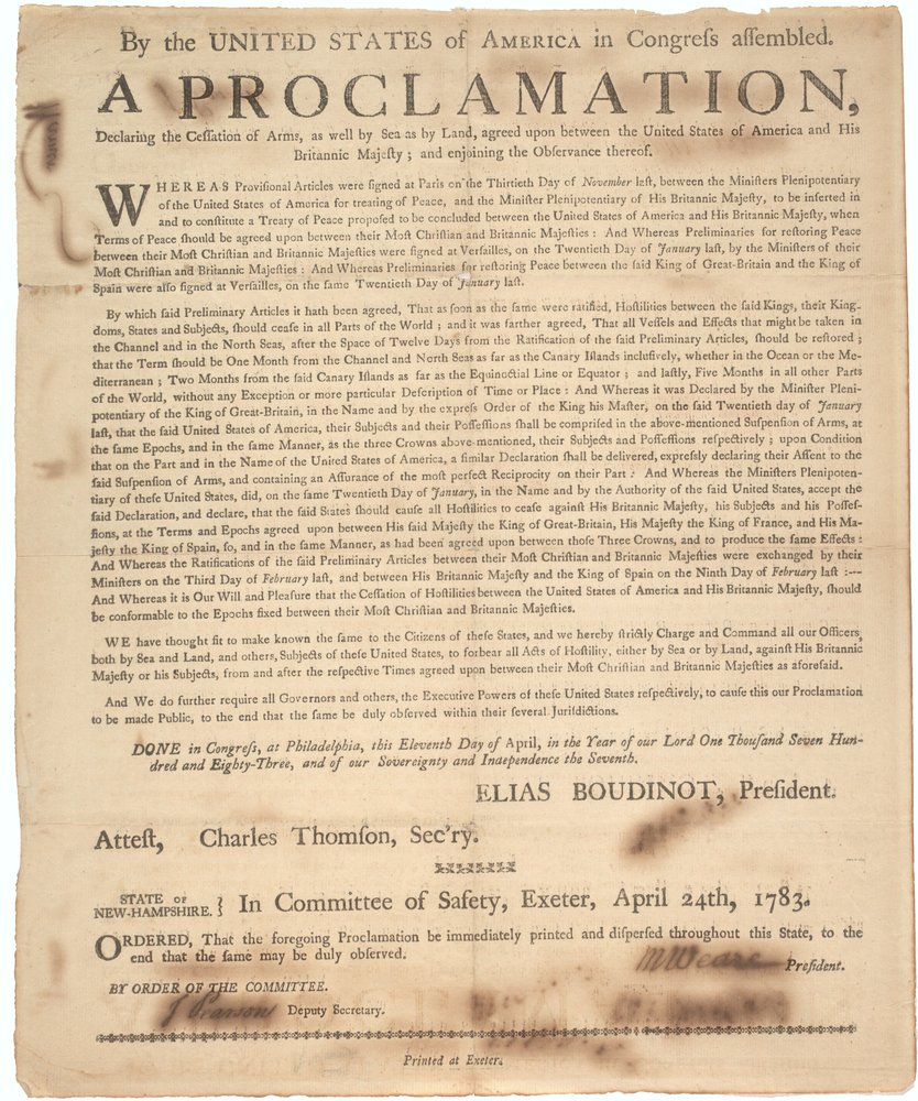 Proclamation of Congress Declaring Cessation of Arms and End of War ...