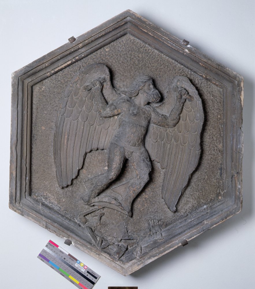 The Art of Flight, Daedalus, hexagonal decorative relief tile from a ...