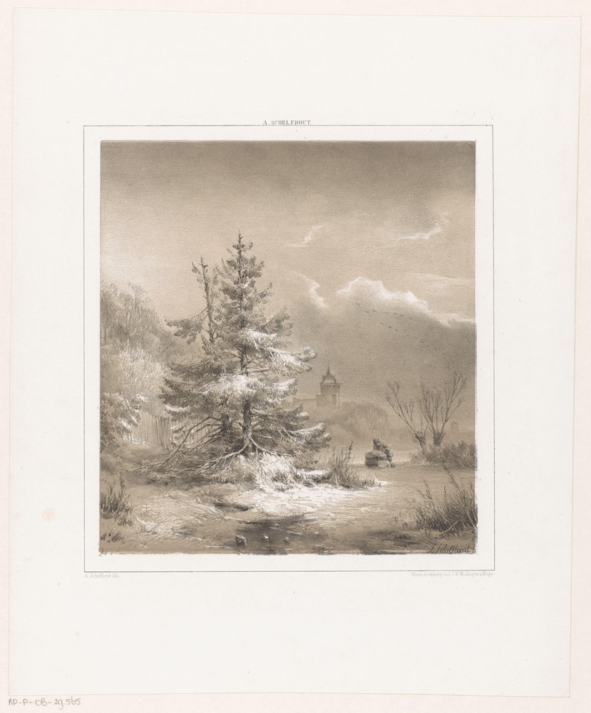 Winter Landscape with Pine Trees and Man with Sledge by Andreas Schelfhout