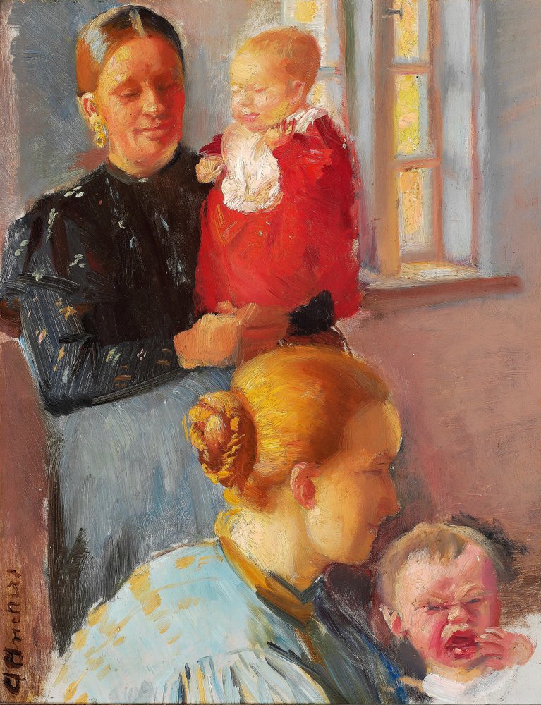 Two young mothers with their small children. Study for “Vaccination”. by Anna Ancher
