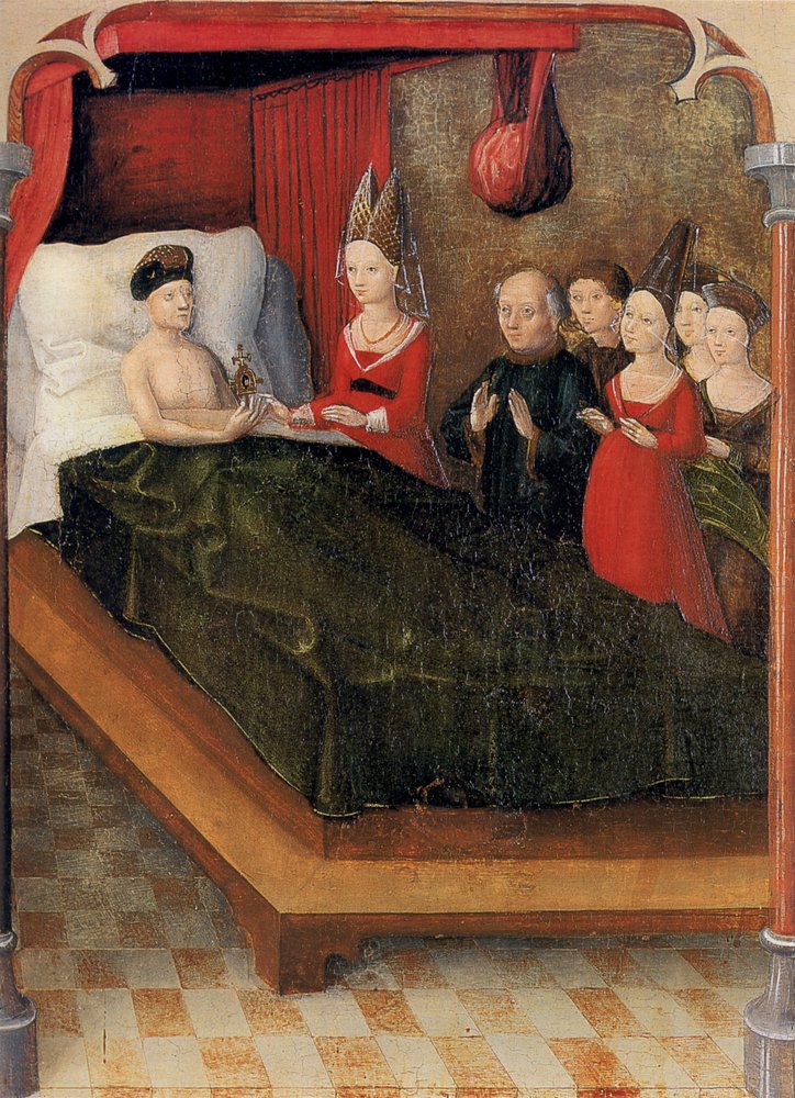 Weingarten Holy Blood Panel from 1489. Landesmuseum Württemberg, Stuttgart. Panel 20: At His Death, Count Baldwin Bequeaths the Relic to His Daughter Judith by Unknown