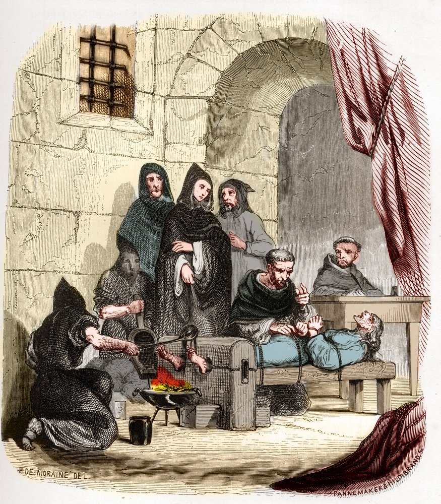 Inquisition in Spain in the 15th century: Mary of Burgundy (1457-1482), accused of being Jewish, is tortured by Saint Peter (Pedro) of Arbues (1441/1442-1485), Spanish inquisitor: he is burning her feet. Illustration in “Mysteries of the Inquisition” and by Anonymous Anonymous