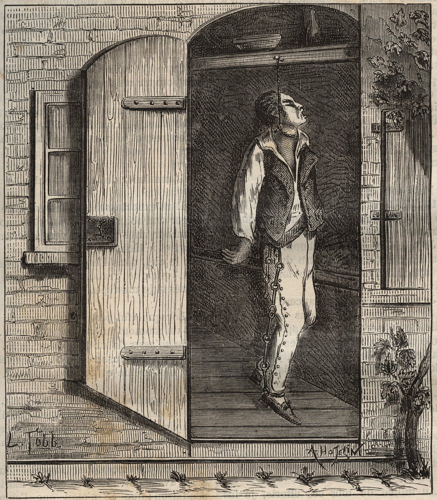 Suicide at the Rochefort penal colony in 1840. Engraving in “Histoire des bagnes depuis leur création à nos jours” (1877) by Pierre Zaccone (1817-1895) (Penal colony). Private collection. by Anonymous Anonymous