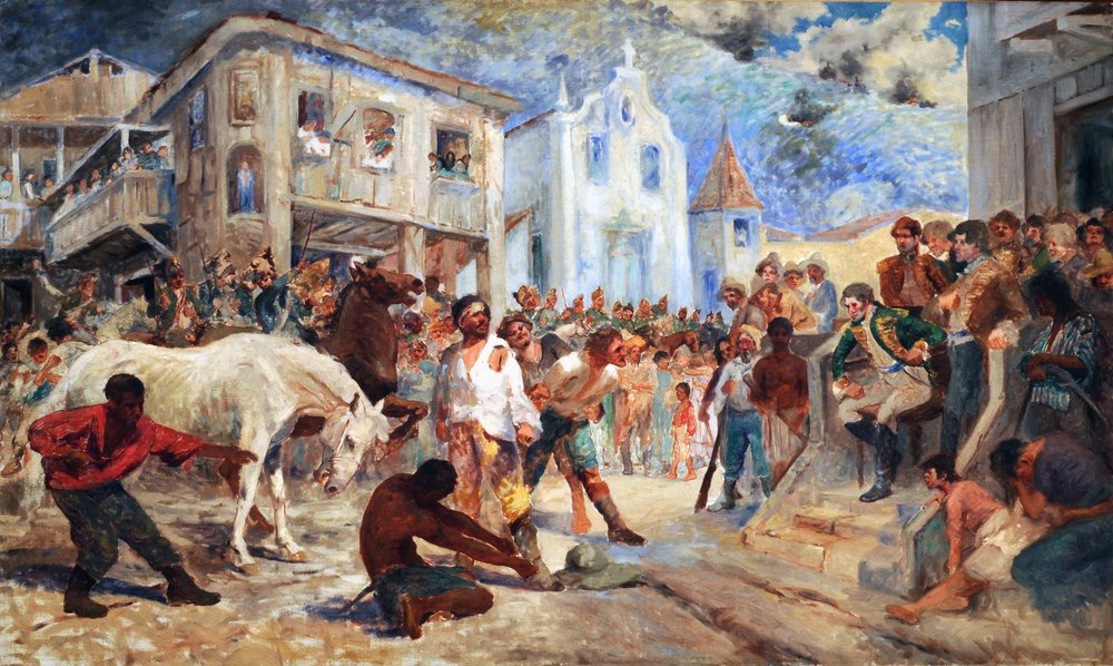 Trial of Filipe dos Santos. Depicts the final scene of the Revolt of Filipe dos Santos, which occurred in 1720 in Vila Rica, Minas Gerais, Brazil by Antonio Parreiras