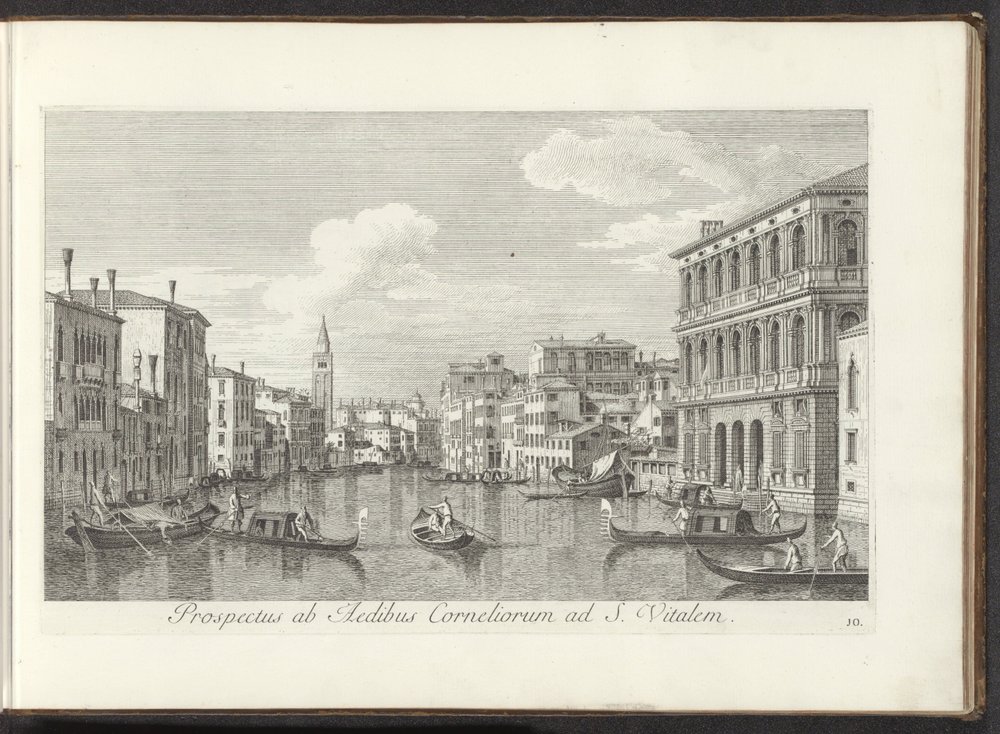 View of the Grand Canal and the Tower of San Vitale in Venice Prospectus ab Aedibus Corneliorum ad S. Vitalem (title on object) Urbis Venetiarum prospectus celebriores, ex Antonii Canal tabulis XXXVIII aere expressi ab Antonio Vissentini in partes by Antonio Visentini