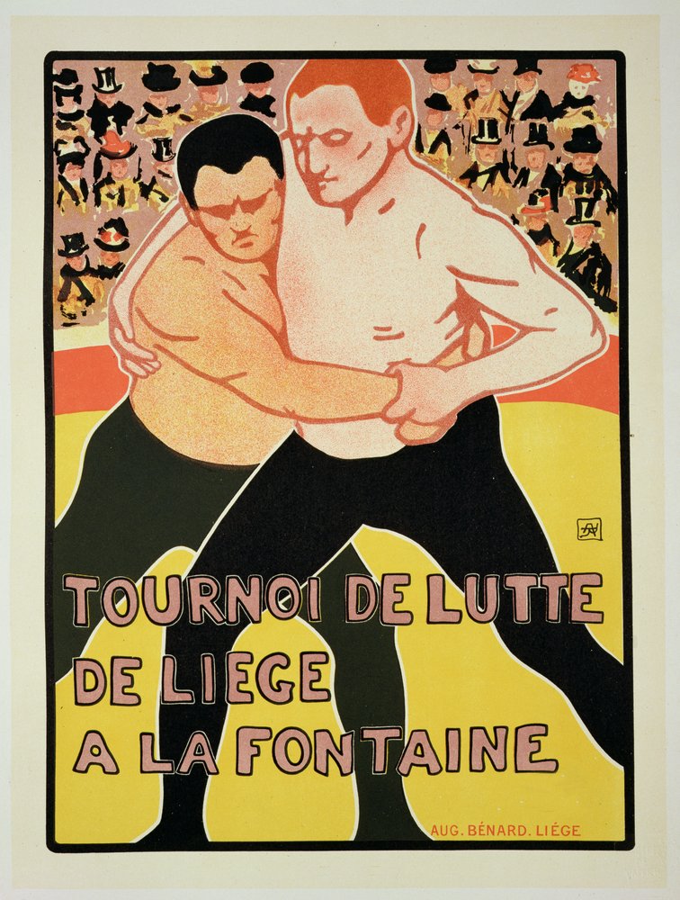 Reproduction of a poster advertising a wrestling tournament, at La Fontaine, Liège, Belgium, 1899 by Armand Rossenfosse