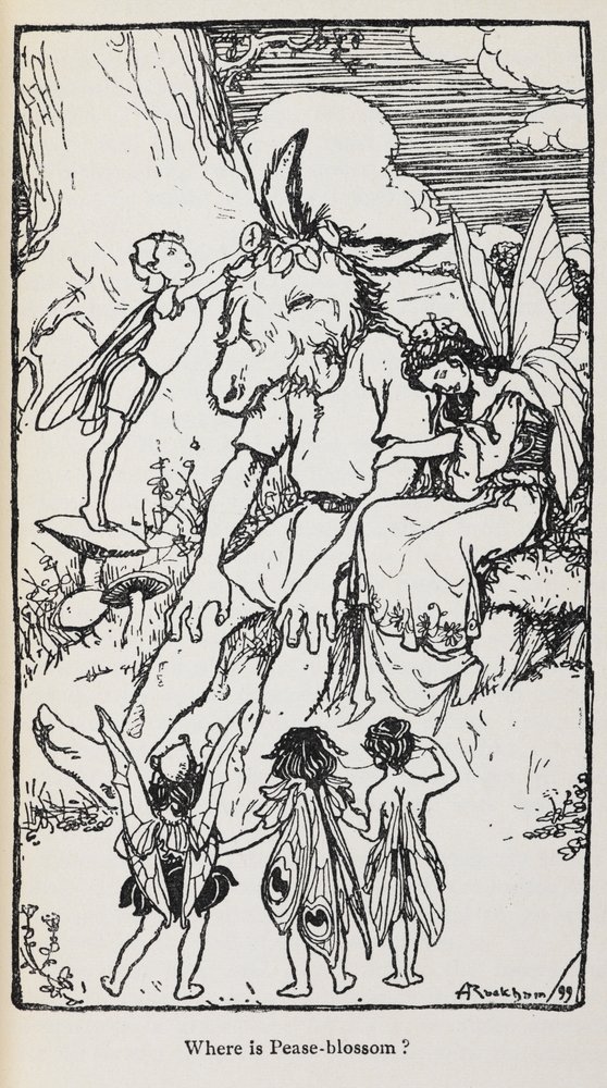 Illustration from A Midsummer Night's Dream with fairies and a man with ...