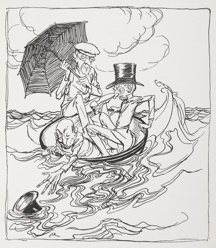 Three Men in a Bowl on the Sea. by Arthur Rackham