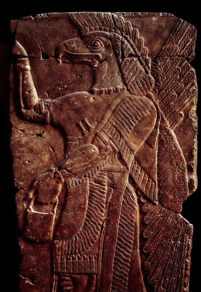 Oriental Antiquities: detail of an alabaster relief representing a protective winged genie with a man’s body and eagle’s head, from the Palace of Sargon II or Sharrukin, king of Assyria, at Dur-Sharrukin, present-day Khorsabad (Khunsabad), Mesopotamia by Assyrian