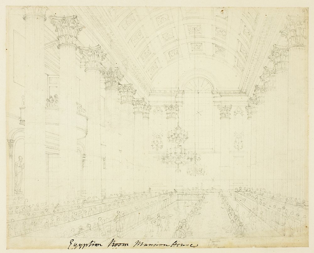 Study for Egyptian Hall Mansion House, from Microcosm of London by Augustus Charles Pugin