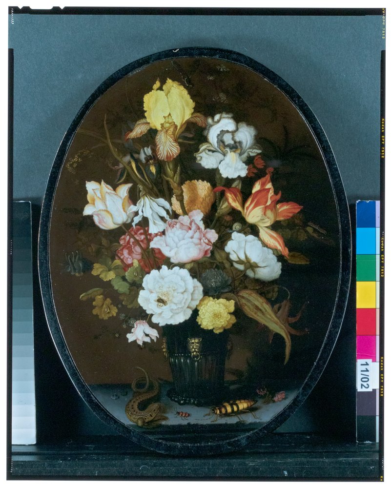 Still Life With Flowers In A Glass Vase On A Ledge, With A Lizard And ...
