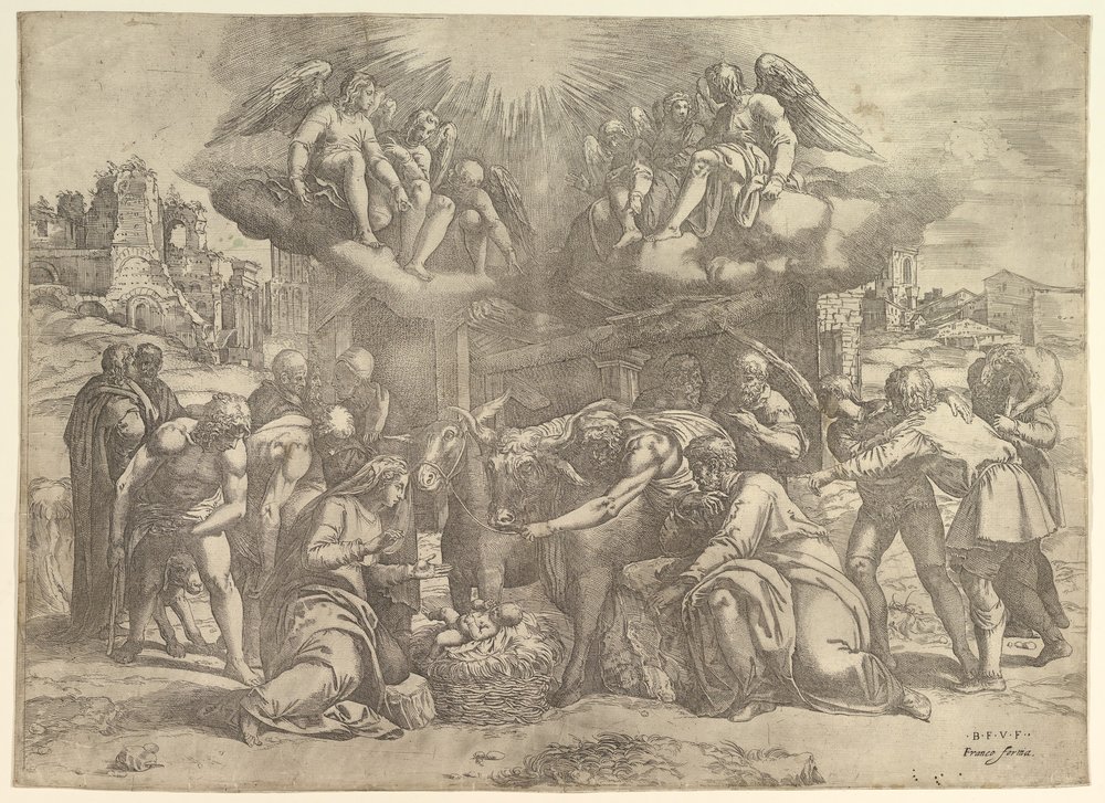 The Adoration of the Shepherds with angels overhead by Battista Franco Veneziano