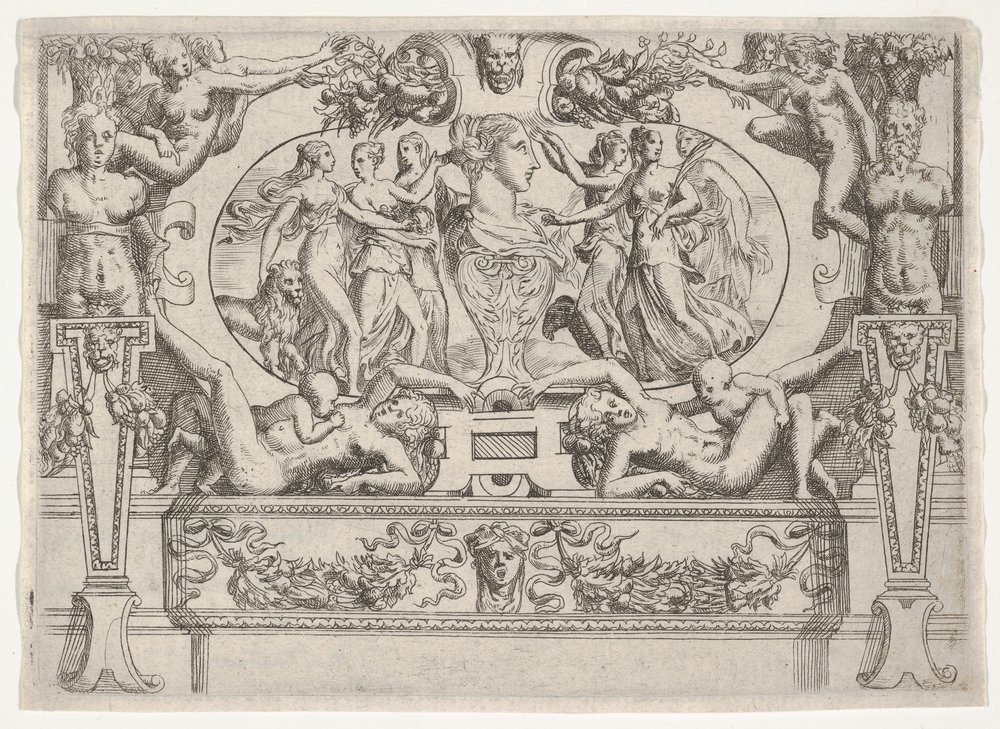 Bust of a Woman Flanked by Three Women on Each Side, Set Within an ...