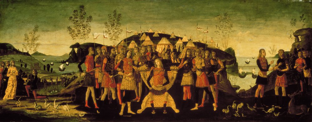 Scipio Africanus (237-183 BC), Roman general, with the captive Numidian prince Sphax, whose wife Sophonisba, a Carthaginian noblewoman, stands to the left, c.1490 by Bernardino Fungai