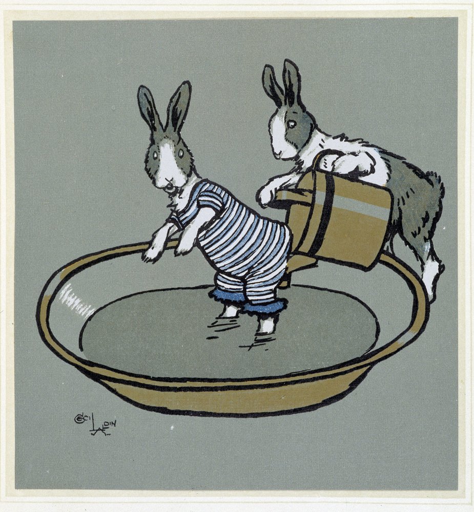 Rabbits Taking a Bath - in 'Merry Party', ill. by Cecil Aldin, ed ...