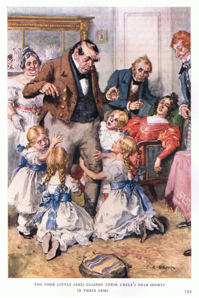 The four little girls clasped their uncle's drab shorts with their arms
