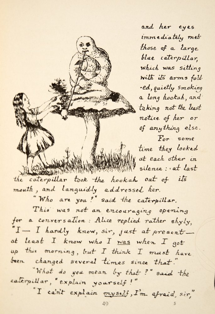 Alice Gets Advice from the Blue Caterpillar, Illustration from Alice’s Adventures Under Ground, Pub. 1886 (Facsimile) by Charles Lutwidge Dodgson