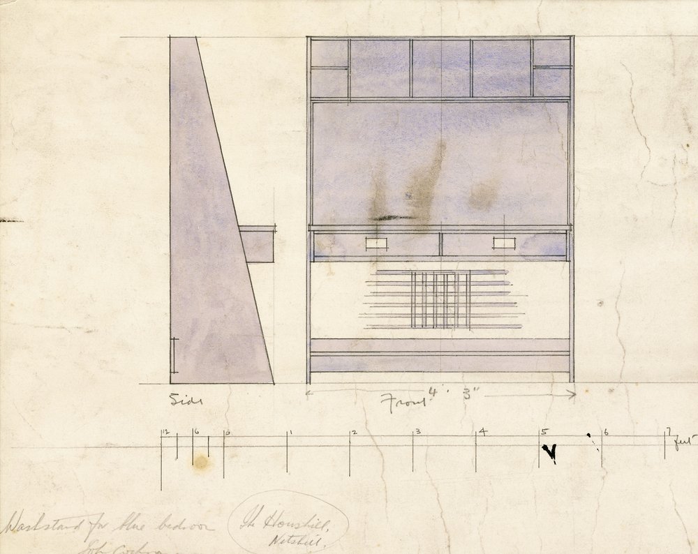 Design for a washstand, shown in side and front elevation, 1904