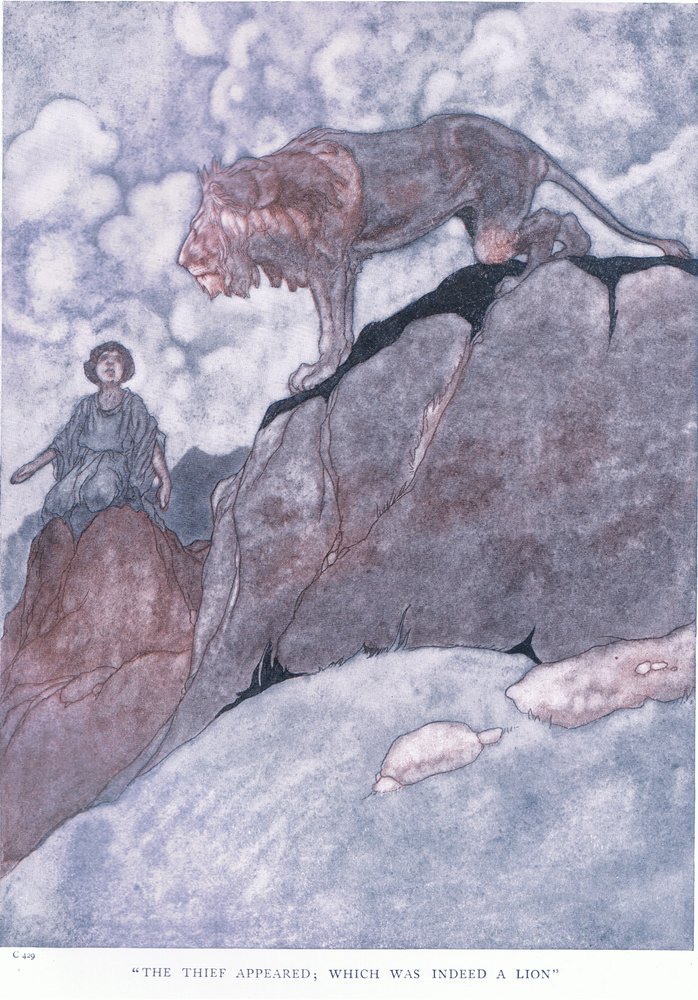 The thief appeared; which was indeed a lion