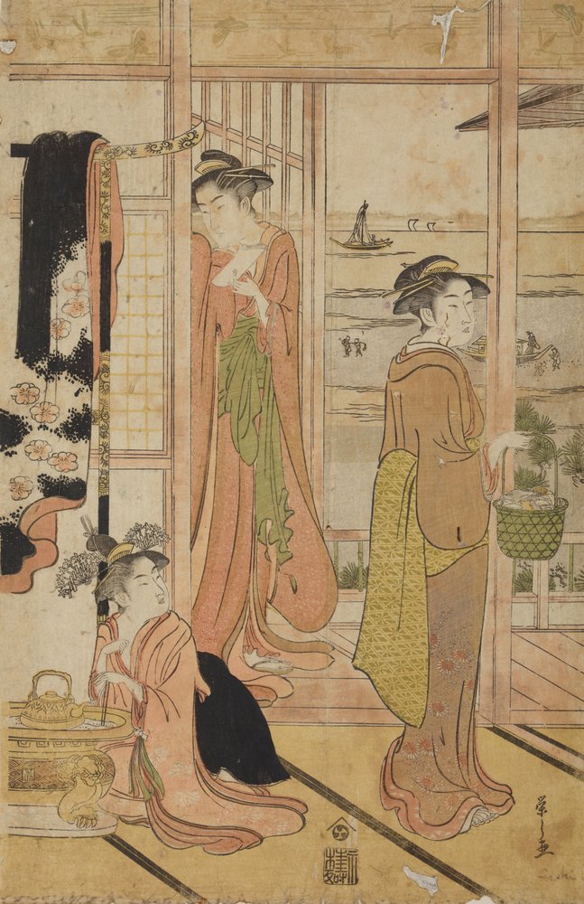 Two Standing Women and a Girl in an Interior with a View of a Lake by Chobunsai Eishi