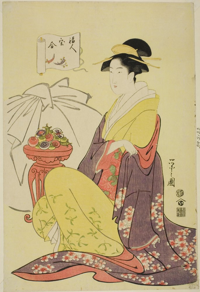 Hotei, from the series "Comparison of the Treasures of the Gods of Good Fortune (Fukujin takara awase)" by Chobunsai Eishi