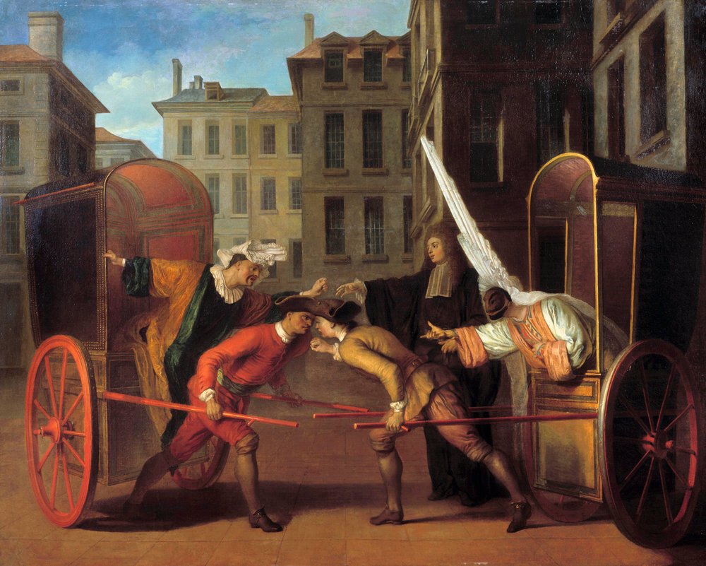Commedia dell’Arte: “The Two Carriages” (scene from the comedy “La Foire Saint-Germain” by Regnard and Dufresny). Scaramouche and Harlequin fight. Painting by Claude Gillot (1673-1722), 1695. Dimensions 1.27 x 1.60 m. by Claude Gillot