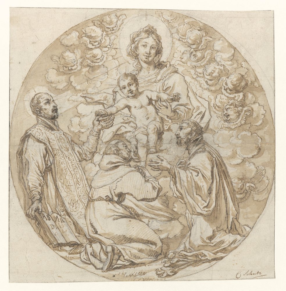Mary with the Child adored by Saint Ignatius of Loyola, Saint Francis Xavier and a holy monk by Cornelis Schut (I)