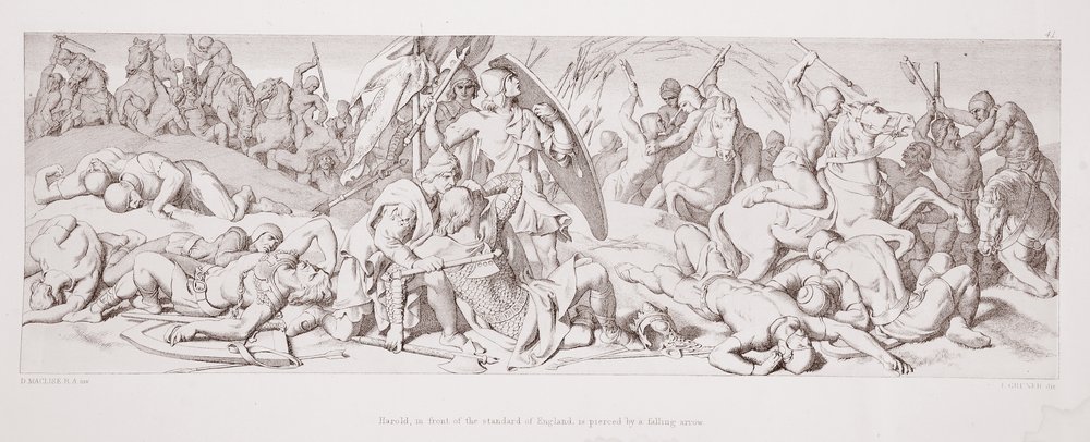Harold, in front of the Standard of England, is pierced by a falling ...
