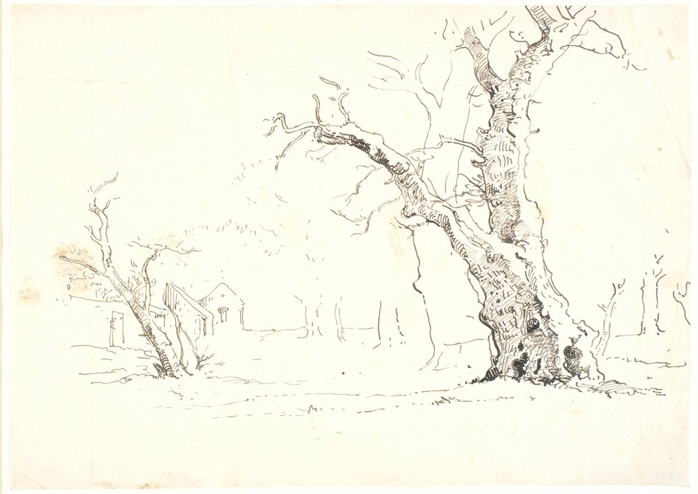 Landscape with Large Oak Trees, Some Houses to the Left