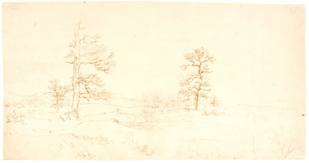 View Over a Hilly Landscape with a Pair of Solitary Oak Trees