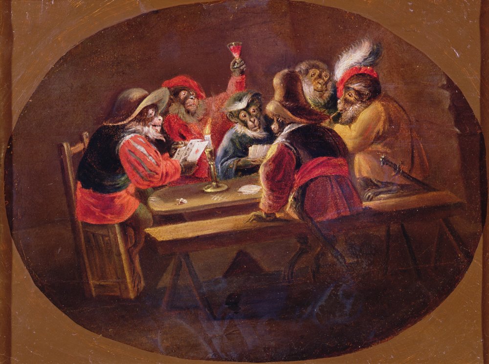 Monkeys dressed as soldiers playing cards and carousing by David Teniers the Younger