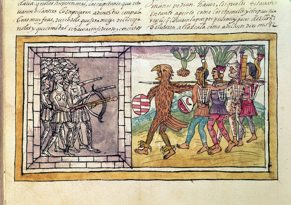Codex Durán: Pedro de Alvarado (c. 1485-1541), companion-at-arms of Hernando Cortés (1485-1547), besieged by Aztec warriors by Diego Duran